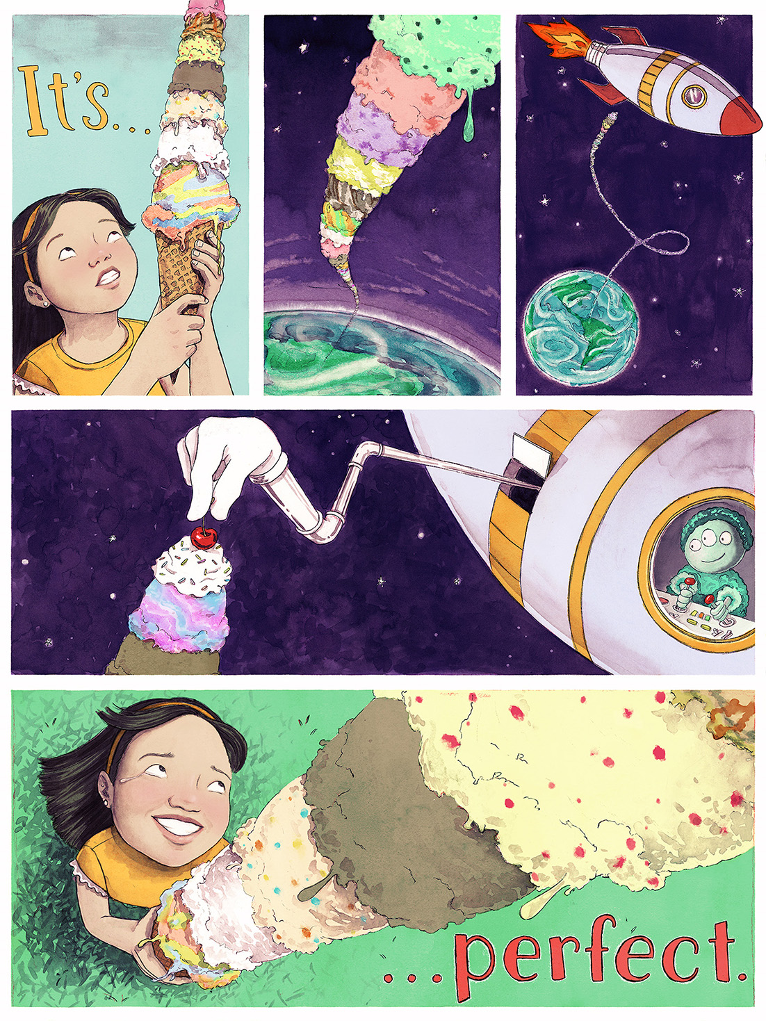 A girl stares at an ice cream cone loaded with scoops that reach into space where a hand from a rocket adds a cherry to make it "perfect."